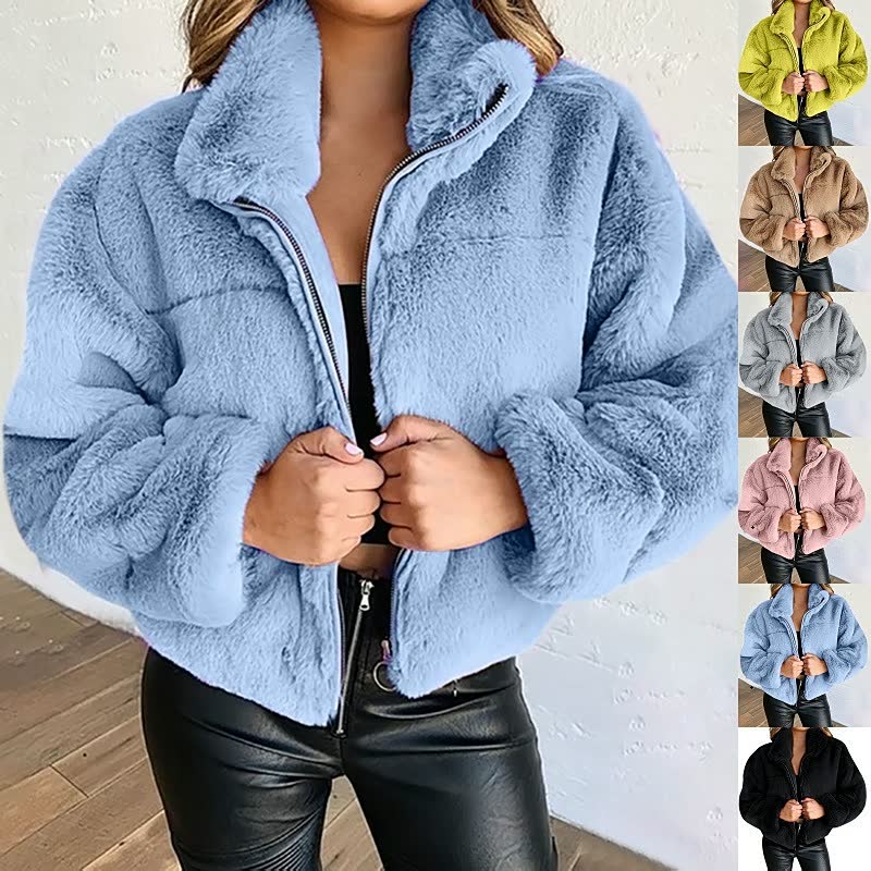 Veste Teddy Douce et Confortable pour Femme – Manteau Court Zippé à Col Haut