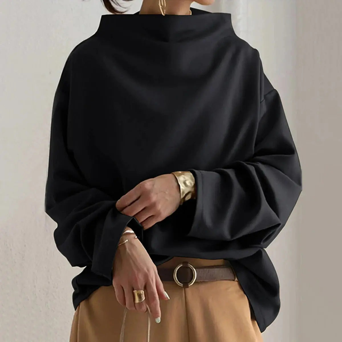 Pull col roulé noir chic pour femme – Pull confortable à manches longues