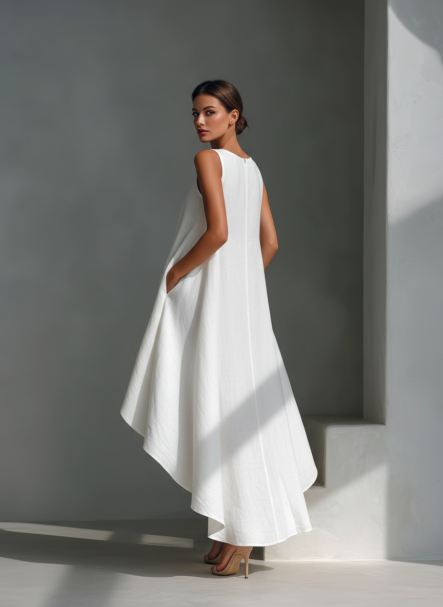 Robe midi sans manches en lin femme - Fluide et asymetrique