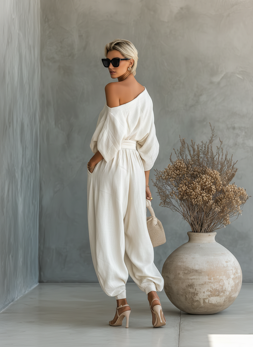 Ensemble femme épaules dénudées et pantalon fuselé – Léger et chic