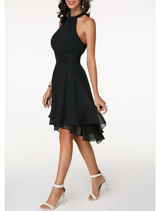 Women's trapeze cocktail dress with open back, knee-length – Sleeveless, ruffled chiffon, festive style