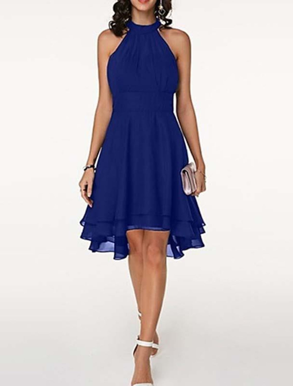 Robe de cocktail trapèze dos nu pour femme, longueur genou – Sans manches, en mousseline à volants, style festif