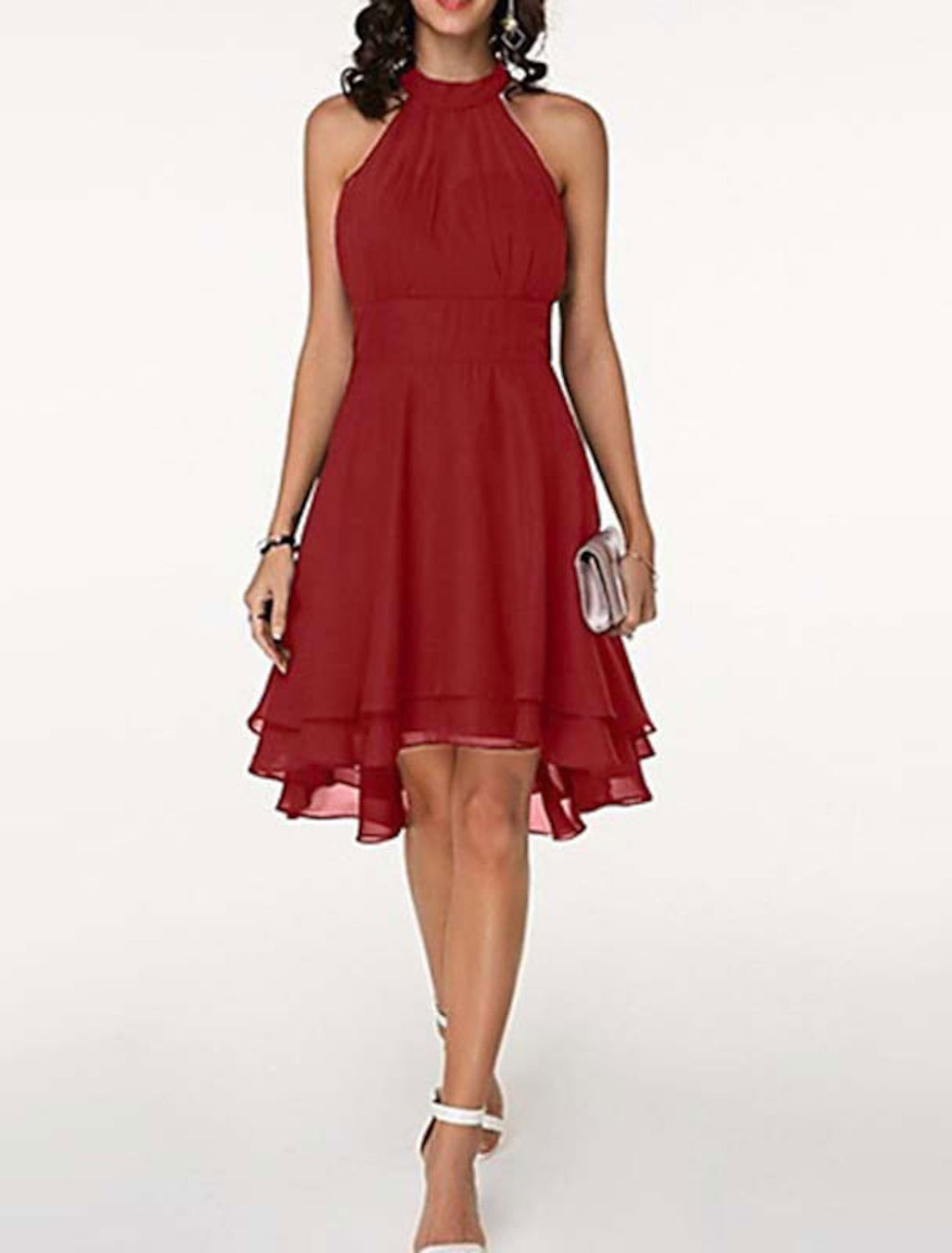Robe de cocktail trapèze dos nu pour femme, longueur genou – Sans manches, en mousseline à volants, style festif