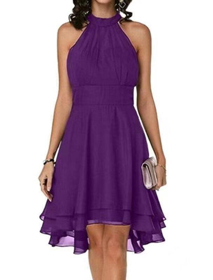 Robe de cocktail trapèze dos nu pour femme, longueur genou – Sans manches, en mousseline à volants, style festif