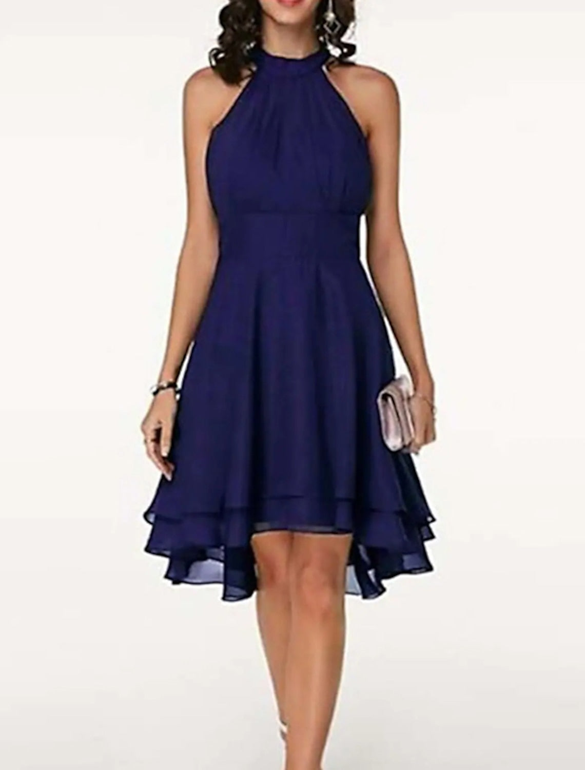 Robe de cocktail trapèze dos nu pour femme, longueur genou – Sans manches, en mousseline à volants, style festif