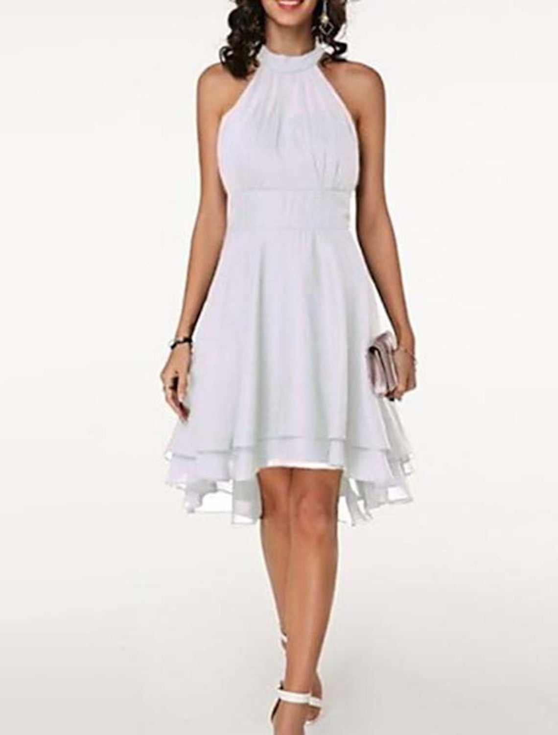 Robe de cocktail trapèze dos nu pour femme, longueur genou – Sans manches, en mousseline à volants, style festif
