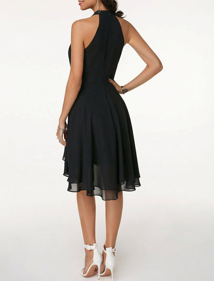 Robe de cocktail trapèze dos nu pour femme, longueur genou – Sans manches, en mousseline à volants, style festif