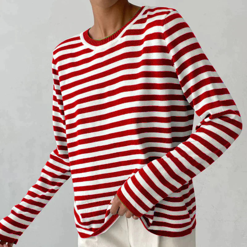 Sweat-Shirt Tricoté Rayé à Manches Longues pour Femme – Haut Décontracté Col Rond