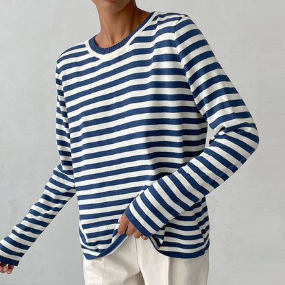 Sweat-Shirt Tricoté Rayé à Manches Longues pour Femme – Haut Décontracté Col Rond
