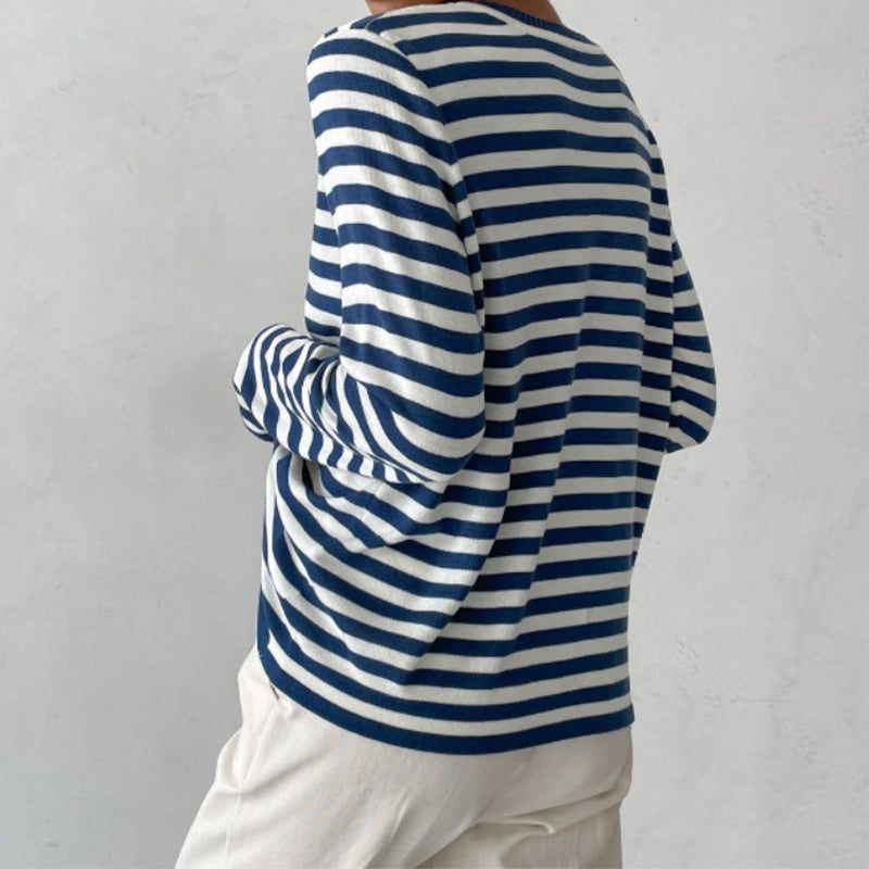 Sweat-Shirt Tricoté Rayé à Manches Longues pour Femme – Haut Décontracté Col Rond