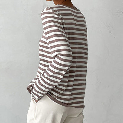 Sweat-Shirt Tricoté Rayé à Manches Longues pour Femme – Haut Décontracté Col Rond