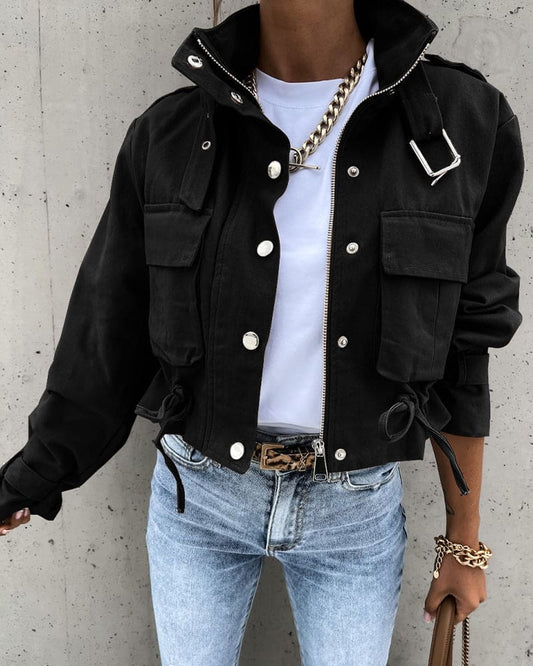 Veste Tactique Élégante pour Femme – Court Manteau à Boutons Confortable