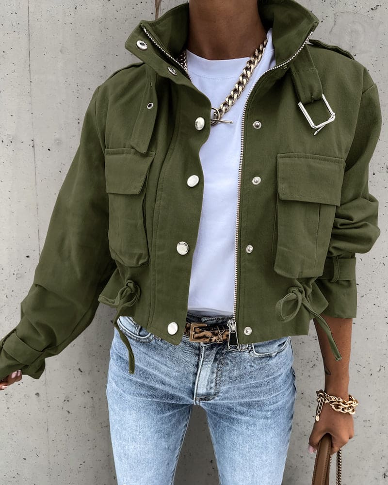Veste Tactique Élégante pour Femme – Court Manteau à Boutons Confortable
