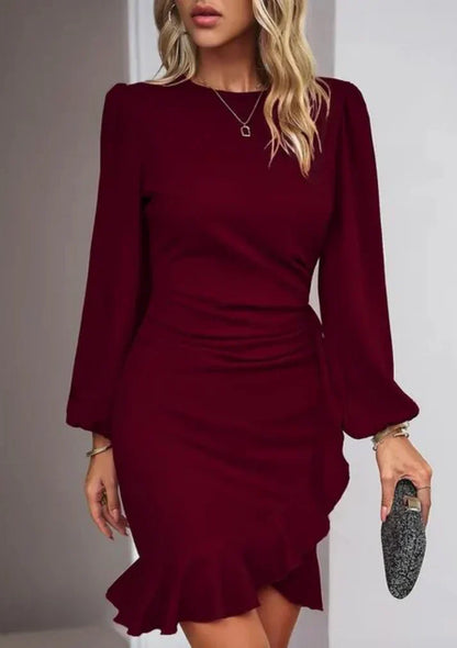Robe Mini Élégante Femme – Manches Ballon Bouffantes avec Détails Froncés et Volants