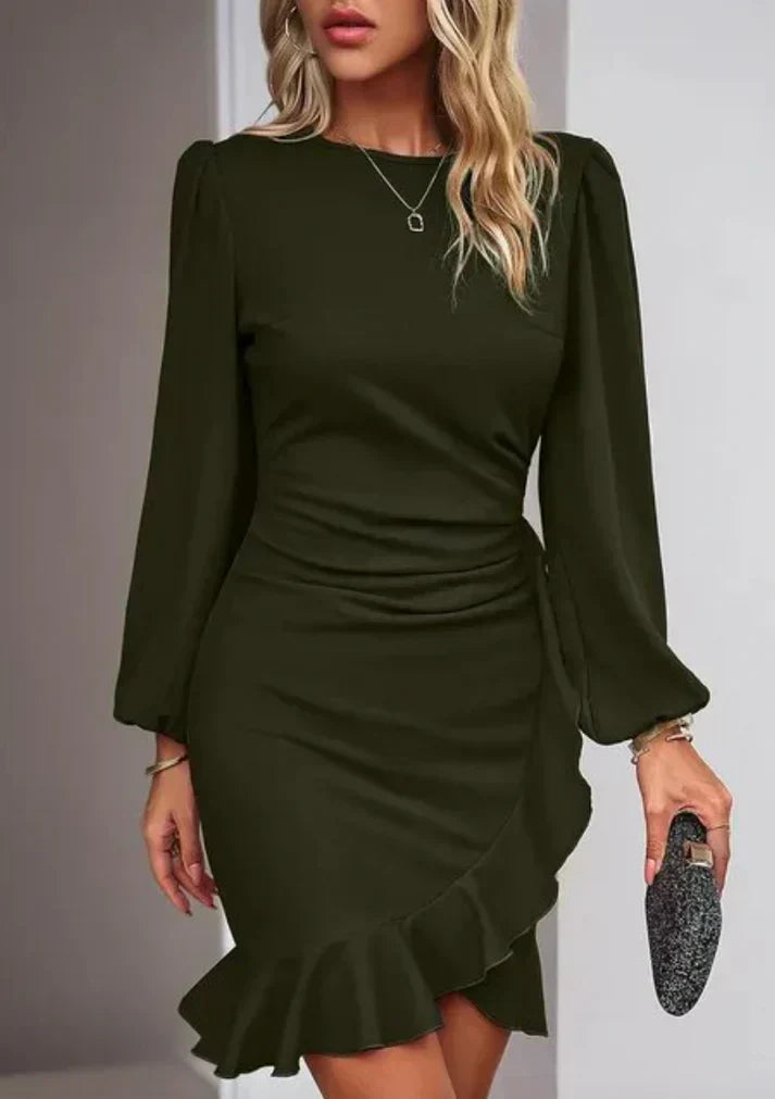 Robe Mini Élégante Femme – Manches Ballon Bouffantes avec Détails Froncés et Volants