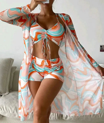 Maillot de bain femme trois pieces avec couvre-maillot imprime - Tendance et estival