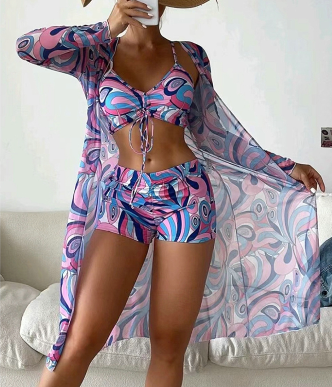 Maillot de bain femme trois pieces avec couvre-maillot imprime - Tendance et estival