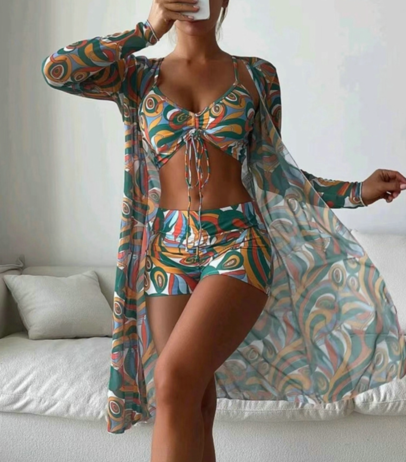 Maillot de bain femme trois pieces avec couvre-maillot imprime - Tendance et estival