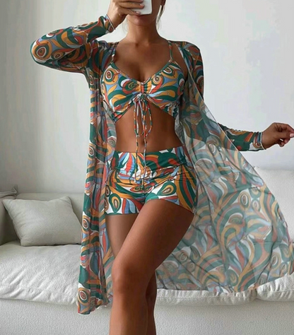 Maillot de bain femme trois pieces avec couvre-maillot imprime - Tendance et estival