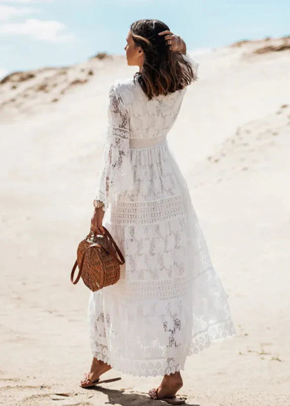 Robe Maxi Bohème Élégante Blanche Femme – Col V et Manches Évasées