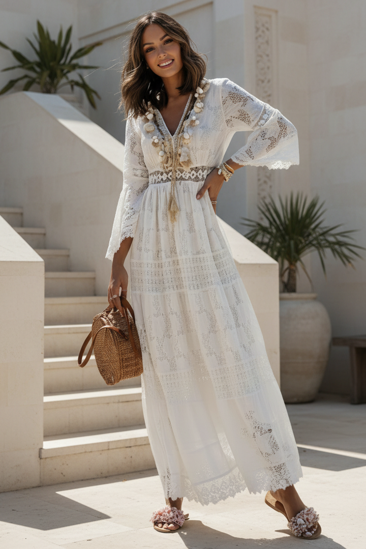 Robe Maxi Bohème Élégante Blanche Femme – Col V et Manches Évasées