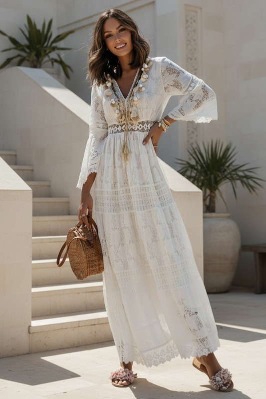 Elegant White Bohemian Long Dress for Women – V-Neck and Flared Sleeves