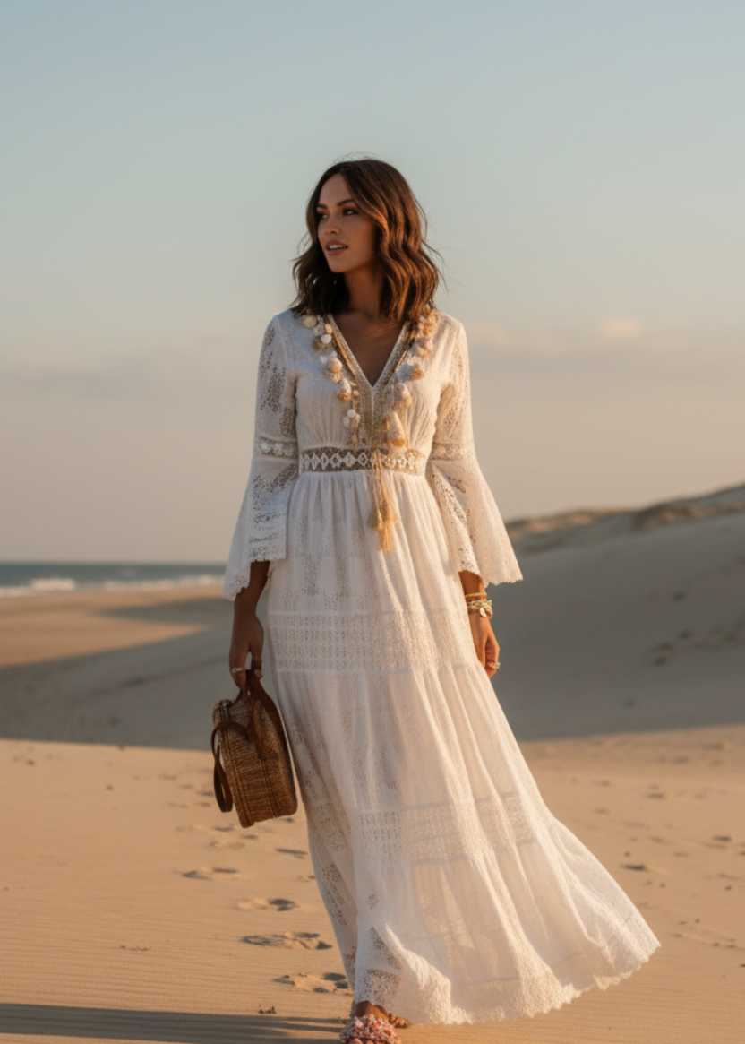 Robe Maxi Bohème Élégante Blanche Femme – Col V et Manches Évasées
