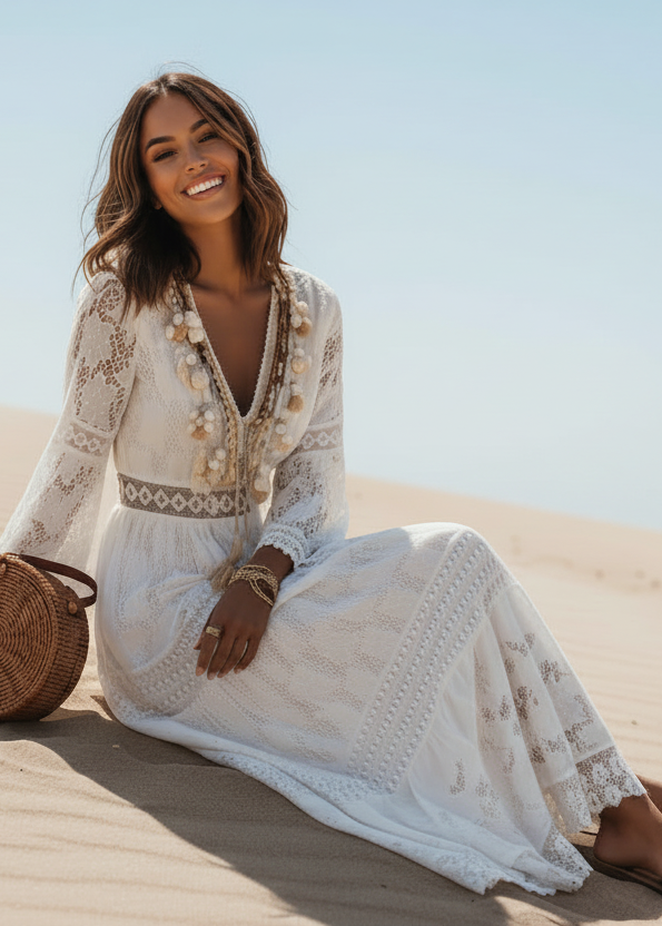 Robe Maxi Bohème Élégante Blanche Femme – Col V et Manches Évasées