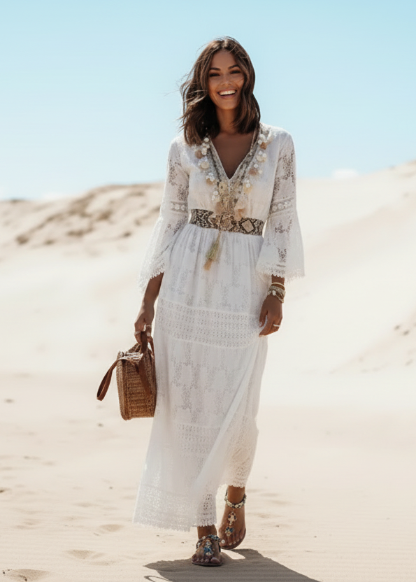 Robe Maxi Bohème Élégante Blanche Femme – Col V et Manches Évasées