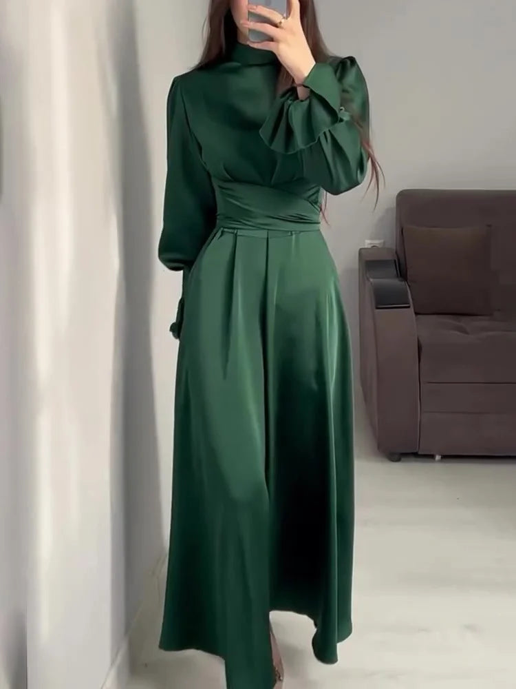 Robe de Soirée Élégante en Satin pour Femme – Maxi Robe Swing avec Manches Bouffantes Longues
