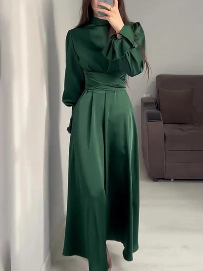Robe de Soirée Élégante en Satin pour Femme – Maxi Robe Swing avec Manches Bouffantes Longues