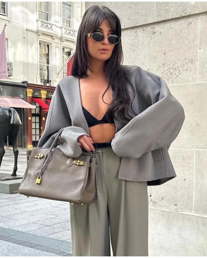 Veste Courte Femme en Mélange de Laine – Col V à Boutonnage Simple Décontractée