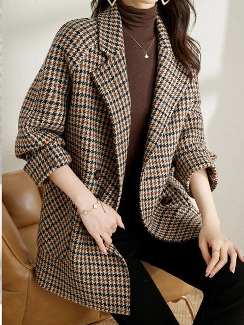 Manteau en Laine Pied-de-Poule pour Femmes – Manteau Élégant à Coupe Ample avec Revers