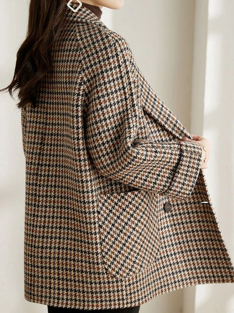 Manteau en Laine Pied-de-Poule pour Femmes – Manteau Élégant à Coupe Ample avec Revers