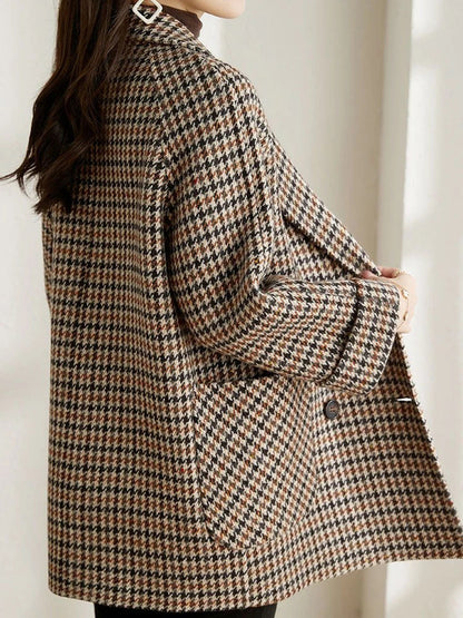 Manteau en Laine Pied-de-Poule pour Femmes – Manteau Élégant à Coupe Ample avec Revers