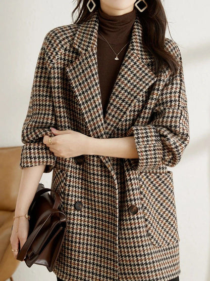 Manteau en Laine Pied-de-Poule pour Femmes – Manteau Élégant à Coupe Ample avec Revers