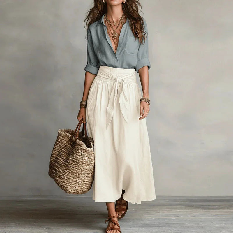 Ensemble femme en lin avec ceinture a nouer et jupe ample - Chic et estival