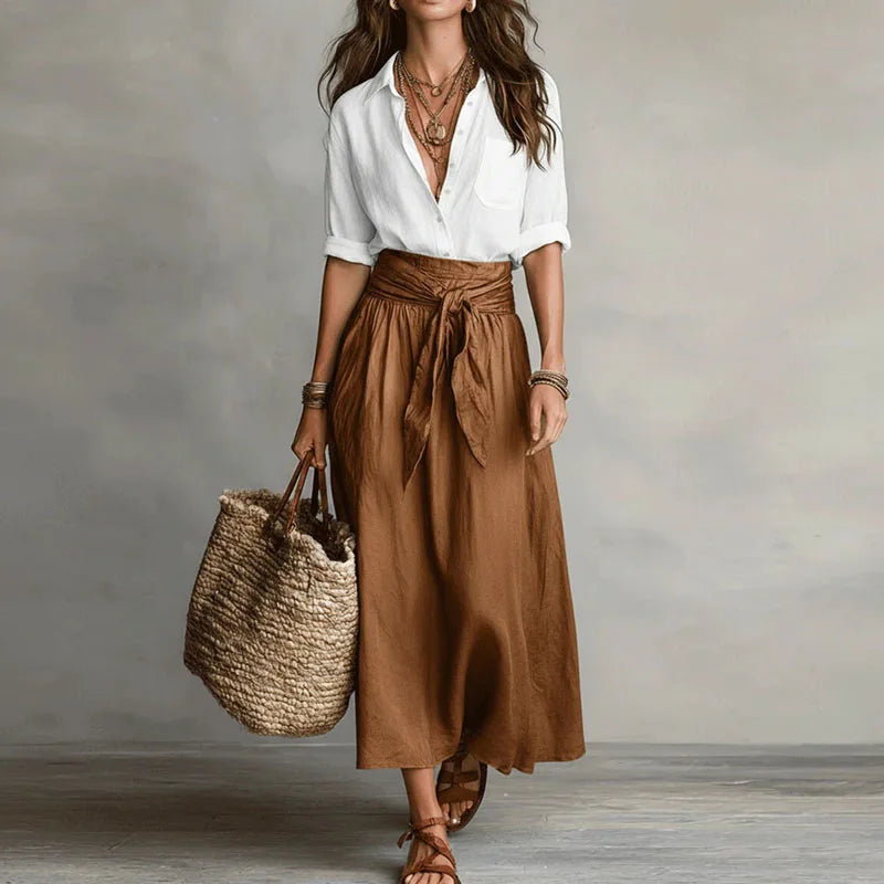 Ensemble femme en lin avec ceinture a nouer et jupe ample - Chic et estival