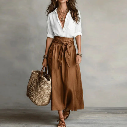 Ensemble femme en lin avec ceinture a nouer et jupe ample - Chic et estival