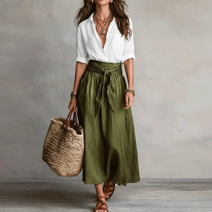 Ensemble femme en lin avec ceinture a nouer et jupe ample - Chic et estival