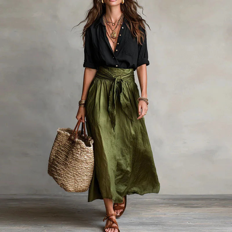 Ensemble femme en lin avec ceinture a nouer et jupe ample - Chic et estival
