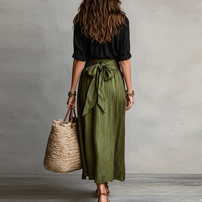 Ensemble femme en lin avec ceinture a nouer et jupe ample - Chic et estival