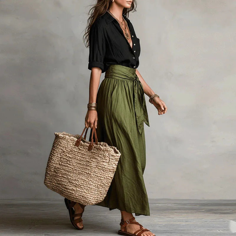 Ensemble femme en lin avec ceinture a nouer et jupe ample - Chic et estival