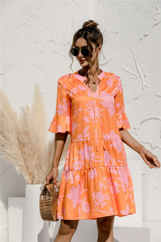 Robe Mini Femme à Col V – Style Été Taille Basse à Volants