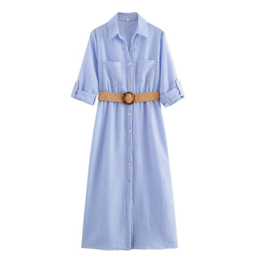 Robe Chemise Rayée à Poches Femme – Mélange de Coton Léger, Élégante