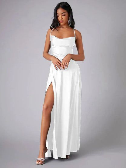 Women's Satin Evening Dress with Open Back and Slit - Elegant and Glamorous