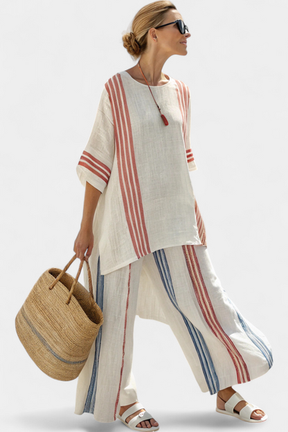 Ensemble femme rayé multicolore – Haut sophistiqué et pantalon fluide