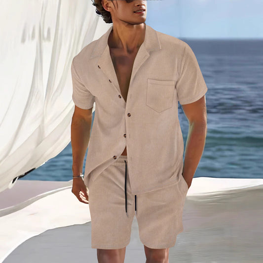 Ensemble aspect lin pour homme | Chemise manches courtes & short | Coordonné naturel prêt pour la plage