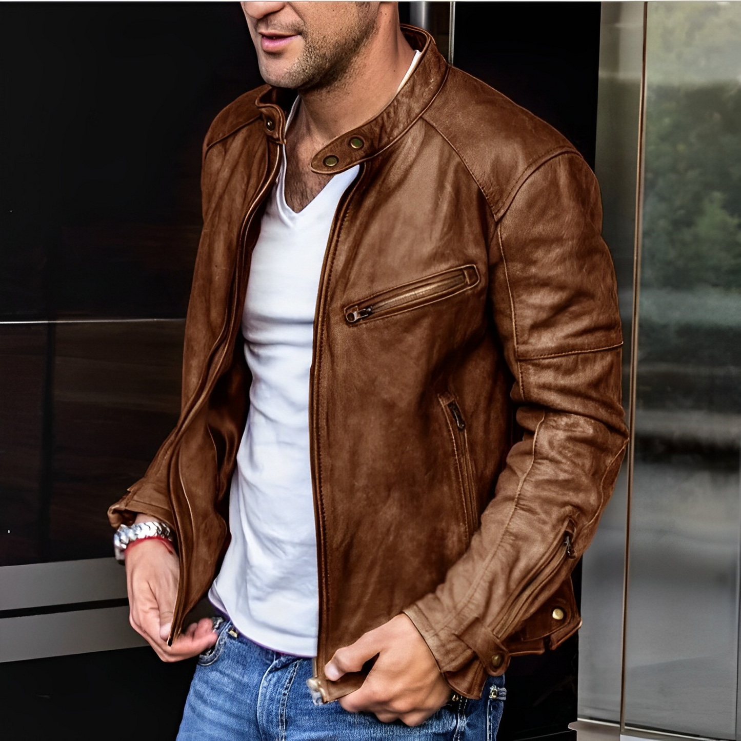 Veste Homme Élégante à Fermeture Éclair en Cuir Toutes Saisons – Style Durable