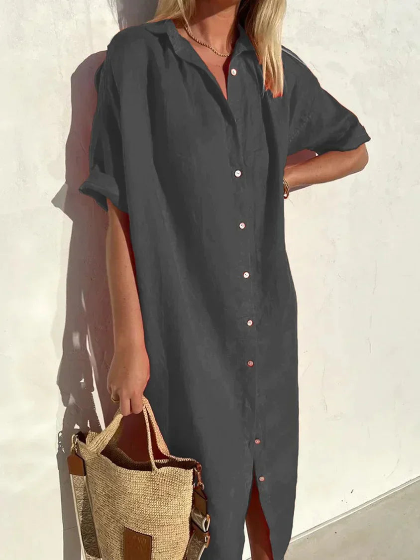 Robe élégante et décontractée femme à manches larges et boutons Robe coton et lin